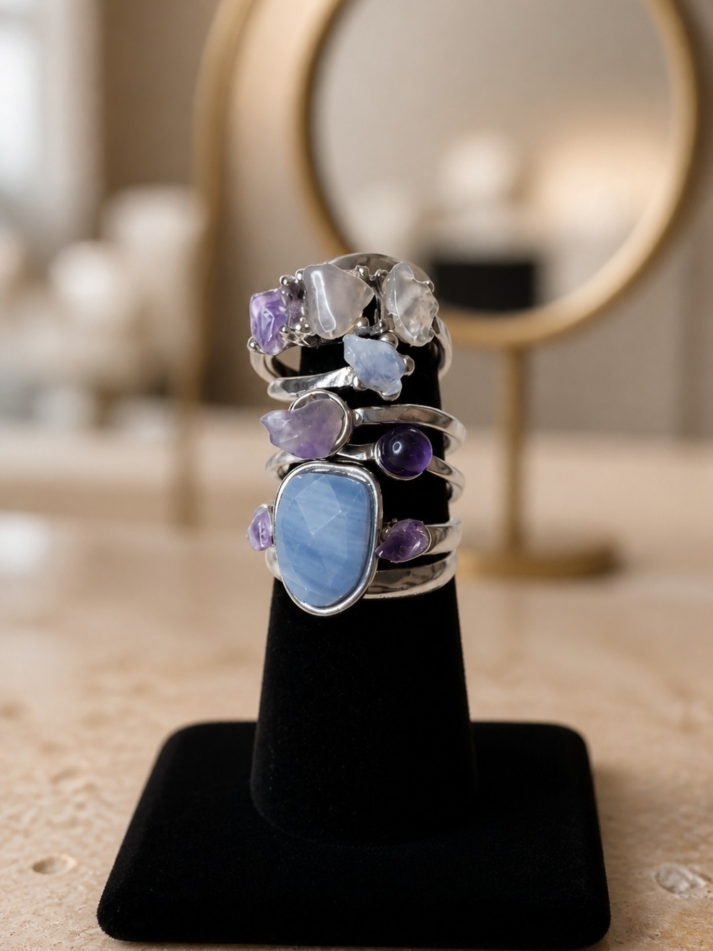 Urban Outfitters Sterling Silver Blue and Purple Stone Stackable Ring Set